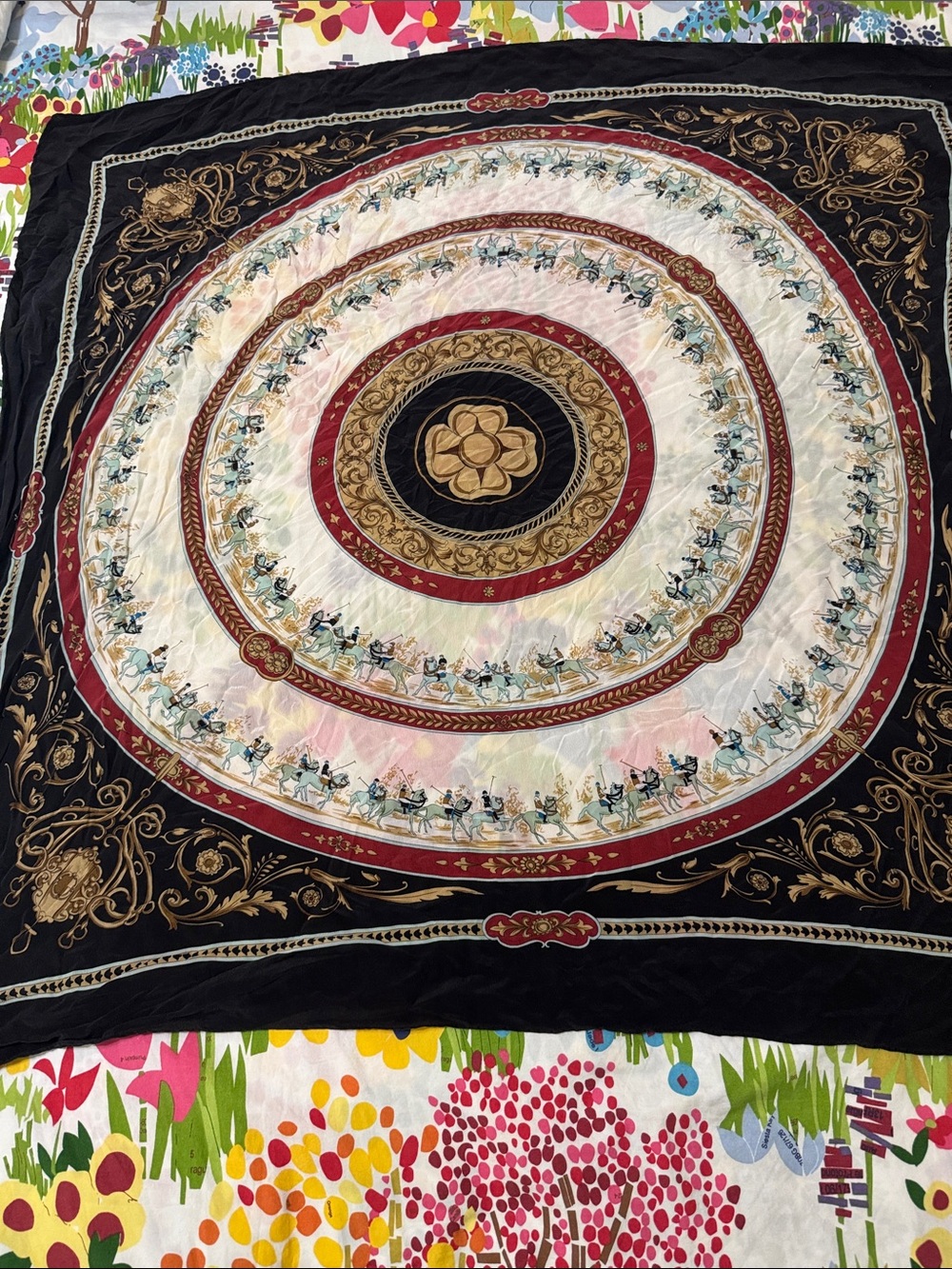 Vintage silk scarf polo and leaf -